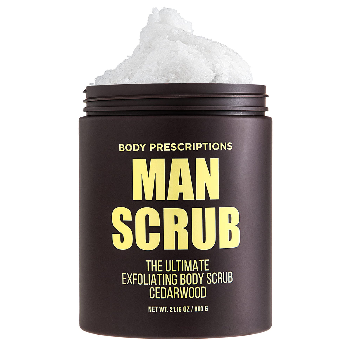 Body Prescriptions Men’s Exfoliating Scrub jar with twist-top lid for easy use in shower.