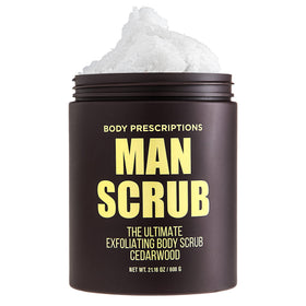 Body Prescriptions Men’s Exfoliating Scrub jar with twist-top lid for easy use in shower.