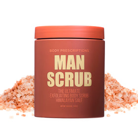 Body Prescriptions Men's Exfoliating Scrub salt crystals detail highlighting mineral-rich cleansing.