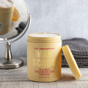 Body Prescriptions Men Exfoliating Scrub in shower application for full-body cleansing.