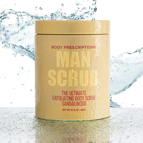 Body Prescriptions Men Exfoliating Scrub texture close-up highlights grainy formula for smoother skin.