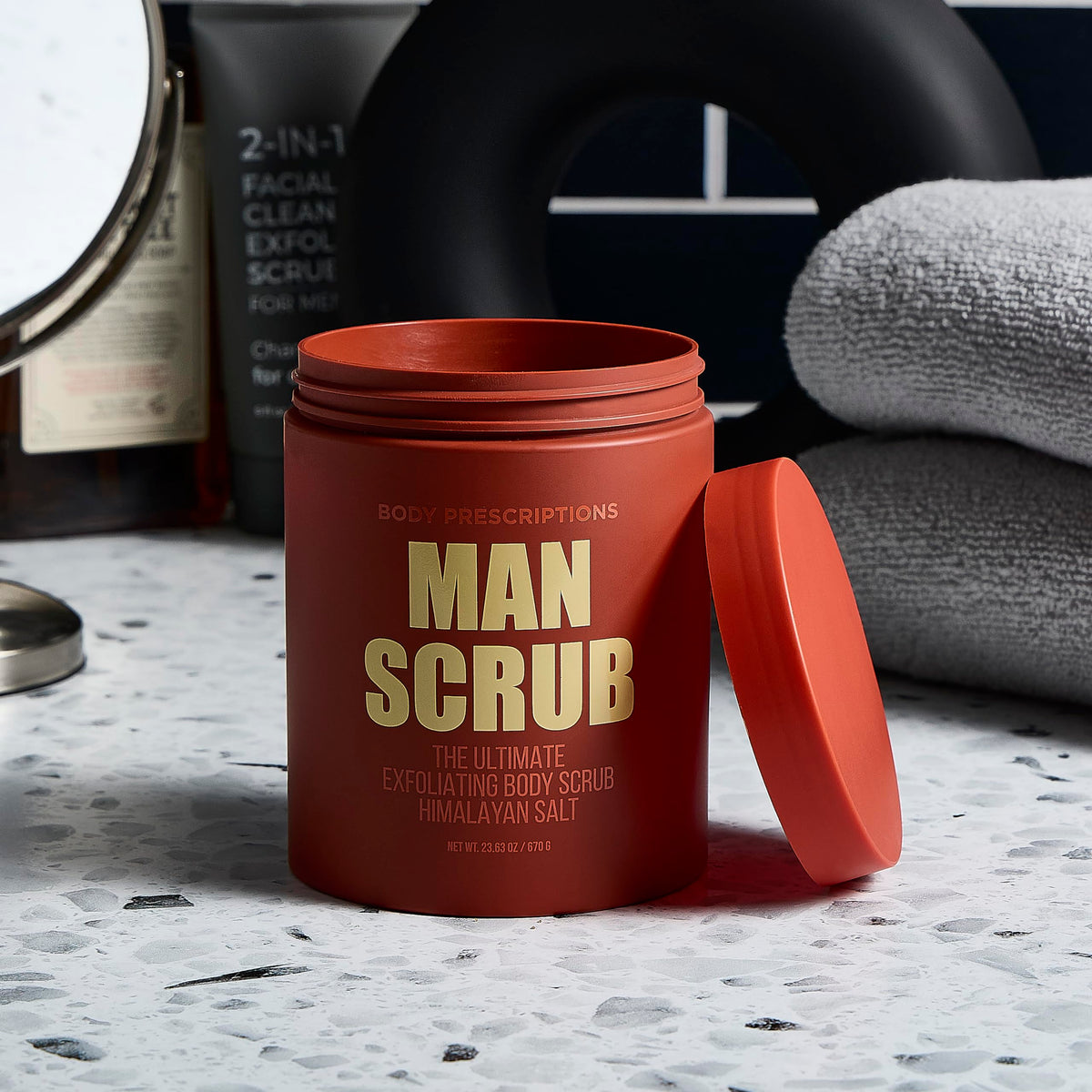 Body Prescriptions Men's Exfoliating Scrub twist-top lid close-up for easy application.
