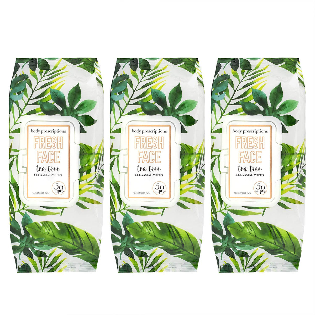 Body Prescriptions Tea Tree Facial Wipes closeup showing gentle cleansing.