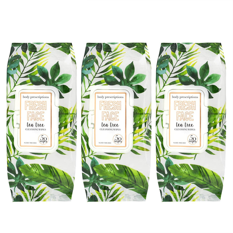 Body Prescriptions Tea Tree Facial Wipes closeup showing gentle cleansing.