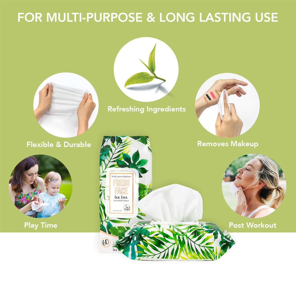 Body Prescriptions Tea Tree Facial Wipes pack-of-3 highlights portable cleansing.