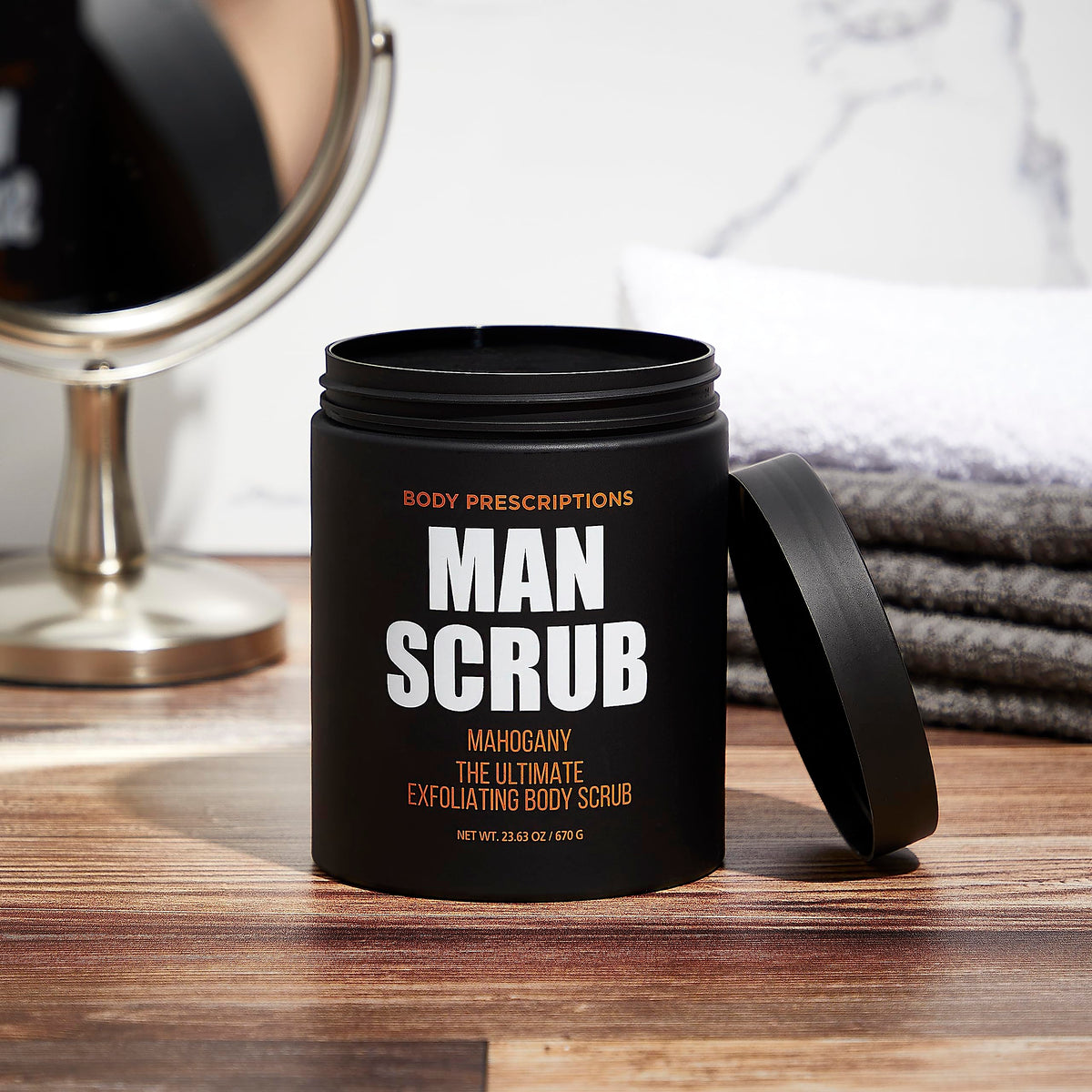 Body Prescriptions Tea Tree and Mahogany scent close-up for revitalizing exfoliation