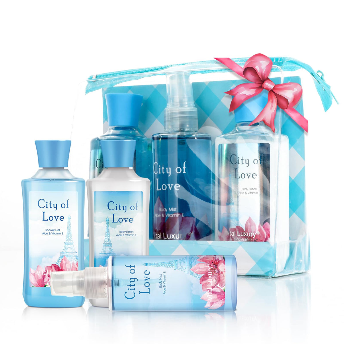 Bodybeau City of Love Spa Set shower gel bottle, hydrating formula for silky skin.