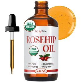 BodyJ4You Rosehip Oil face bottle highlights pure formula for skin hydration.