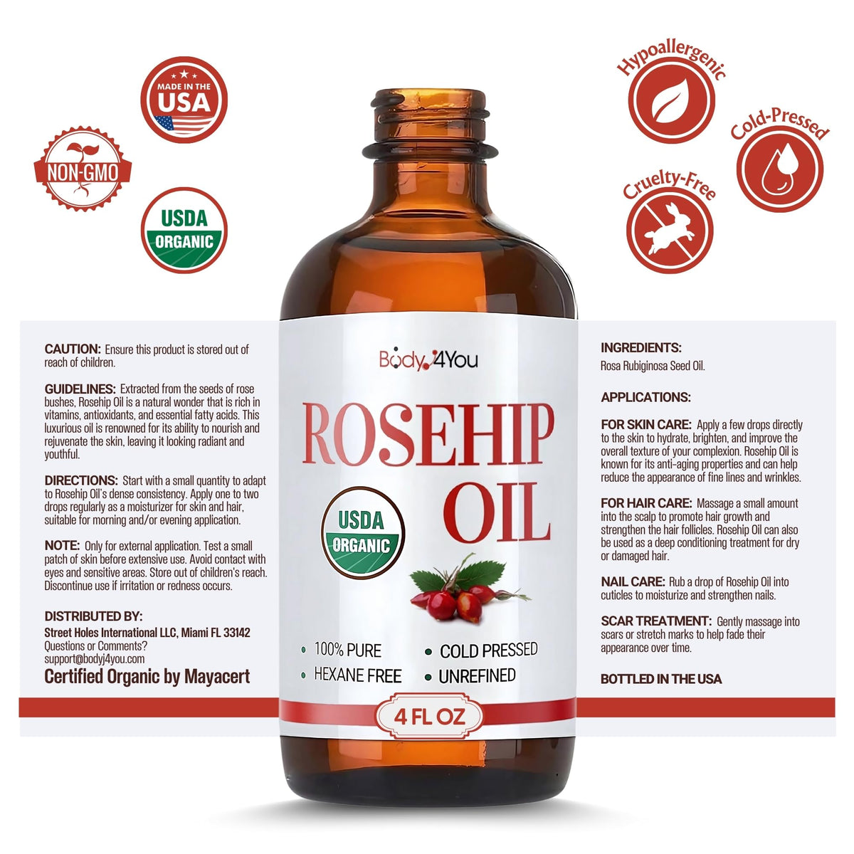 BodyJ4You Rosehip Oil packaging highlights non-GMO, undiluted carrier quality.