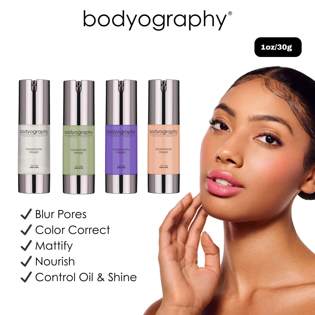 Jojoba oil and shea butter shown as moisturizing ingredients in Bodyography primer