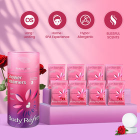 BodyRefresh rose aroma closeup emphasizes natural oils for mood uplift during showers.