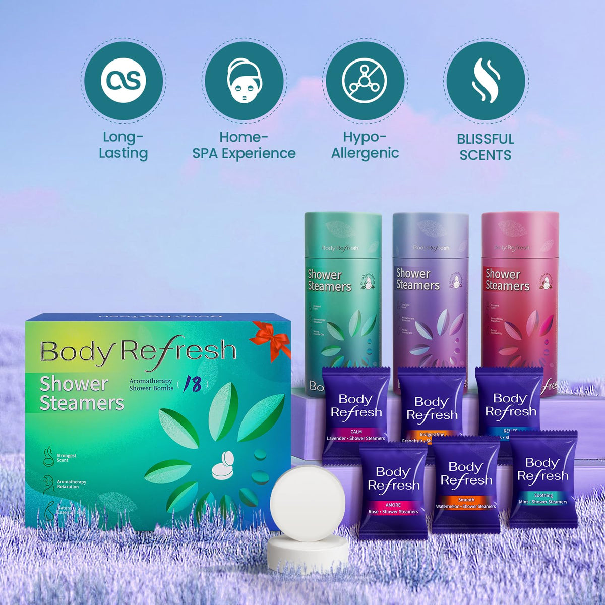BodyRefresh shower steamers citrus boosts mood with bright, zesty fragrance.