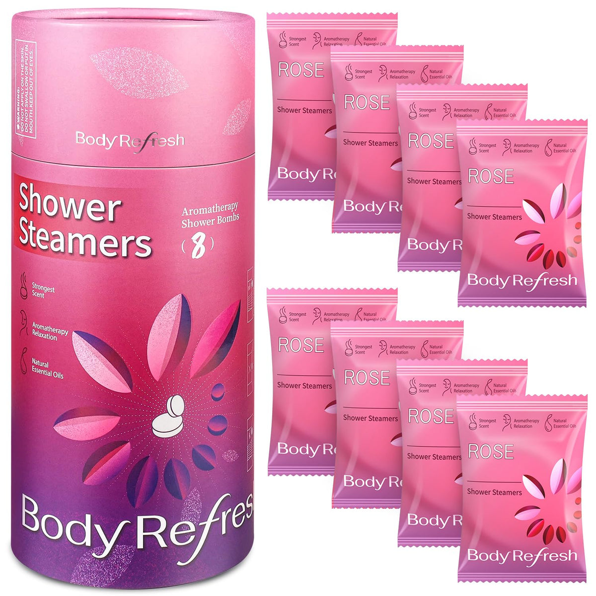 BodyRefresh rose 8-pack image shows a luxe rose scent for a relaxing shower ritual.
