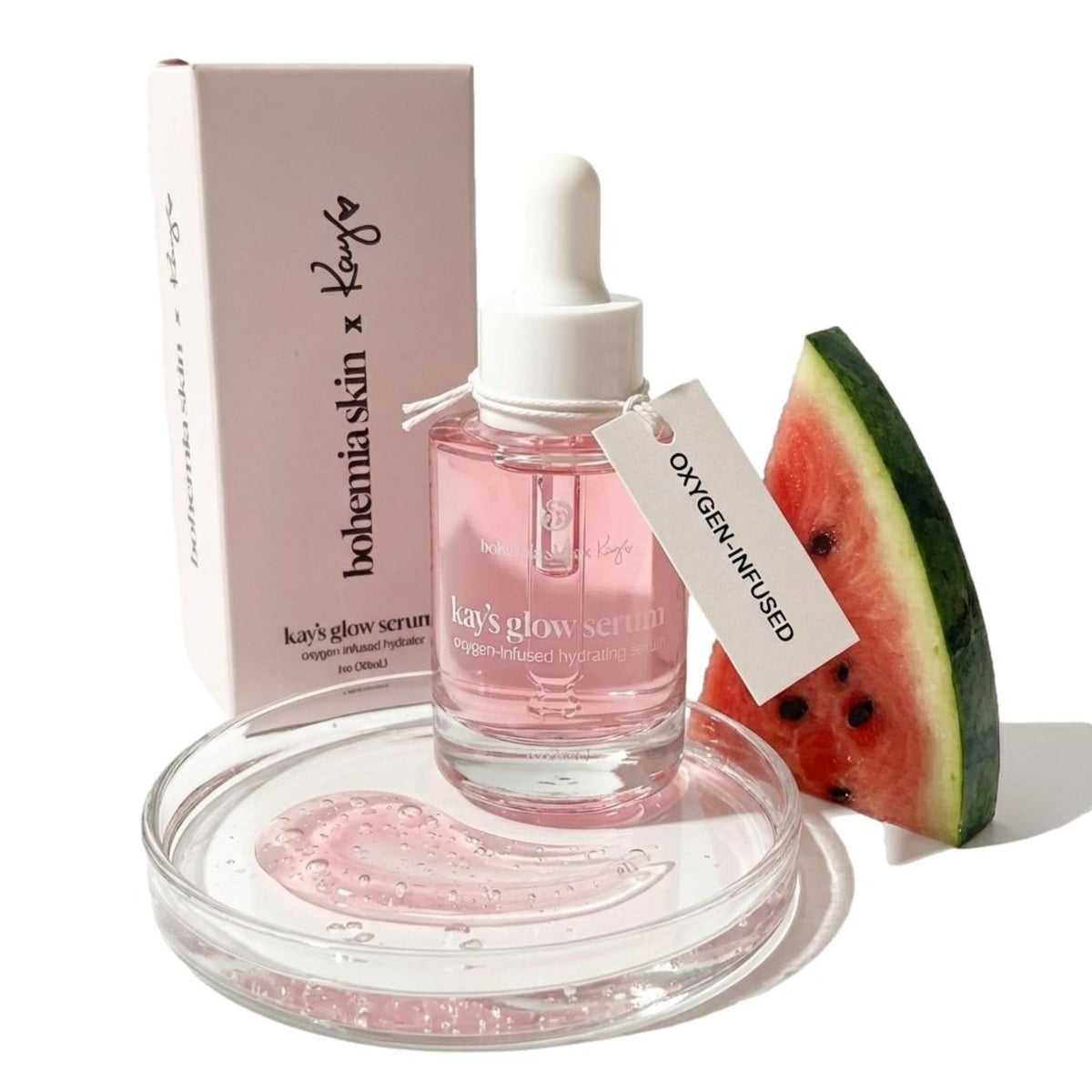 Bohemia Skin Kay's Glow Serum bottle front for a clear, dewy finish.