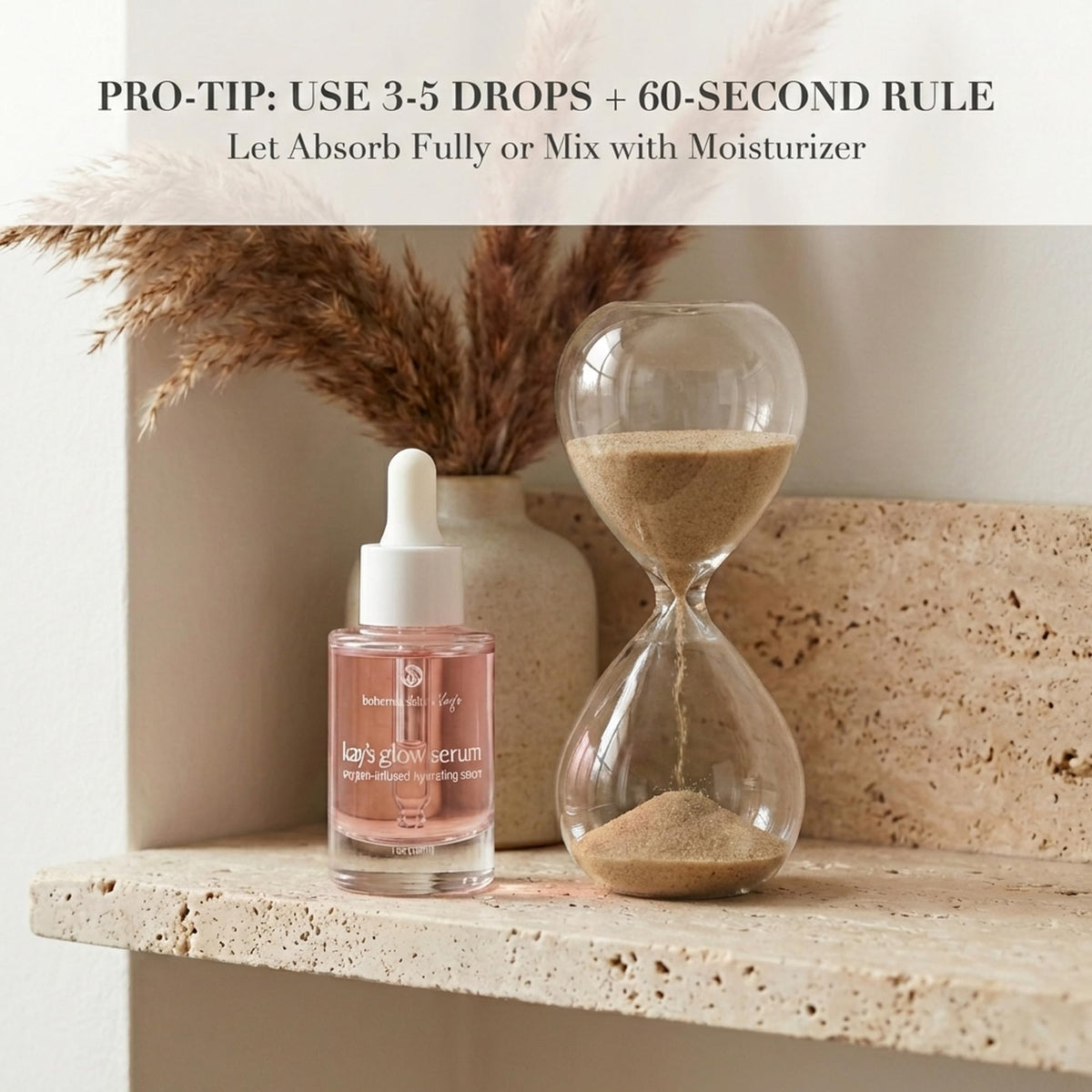 Bohemia Skin Kay's Glow Serum label closeup communicates clean, bio-compatible formulation.