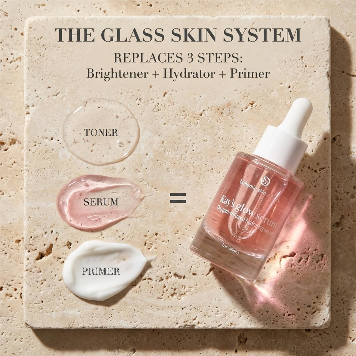 Bohemia Skin Kay's Glow Serum texture swatch highlights Phase-Shift hydration and non-sticky finish.