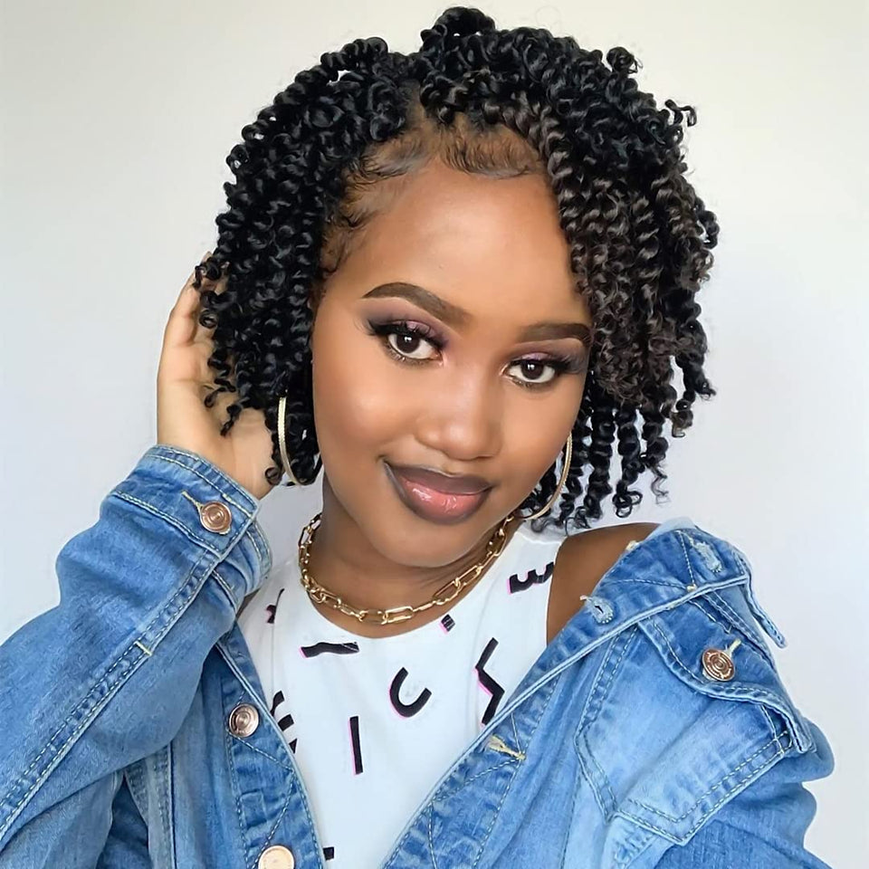 BOHOBABE pre-twisted passion twist hair for a chic six-inch crochet look.