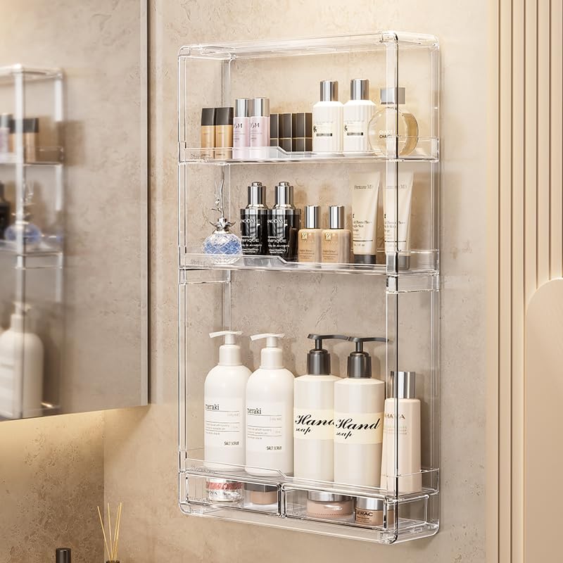 BOHOIDEE 3-tier wall acrylic shelves front view shows crystal-clear visibility.