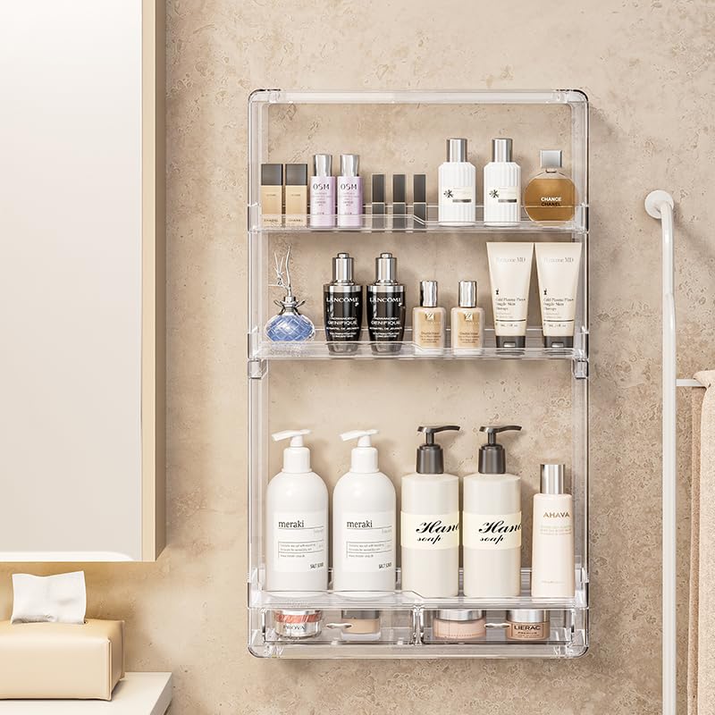 BOHOIDEE clear acrylic shelves in living space emphasize neat organization.