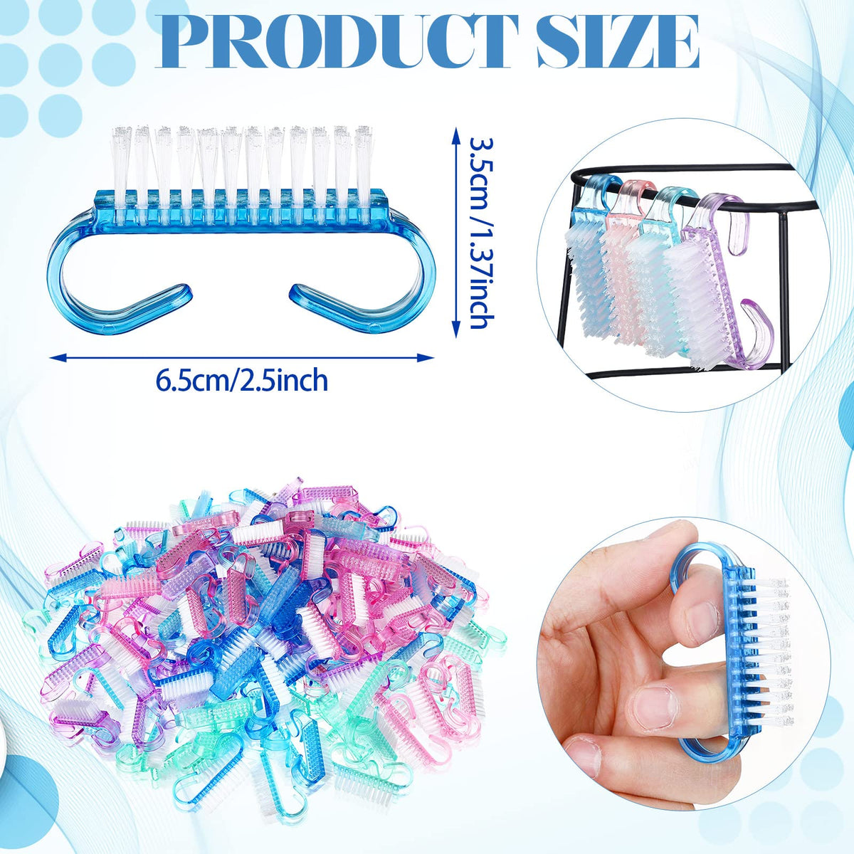 Bokon nail brushes multicolor bristles for gentle scrubbing.
