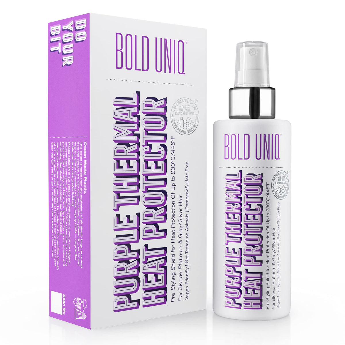 BOLD UNIQ purple heat protectant spray bottle protecting blonde hair