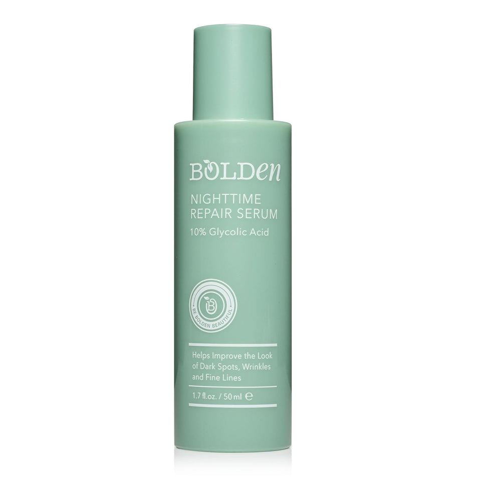 Bolden Nighttime Repair Serum bottle ready for nightly use, promoting even tone