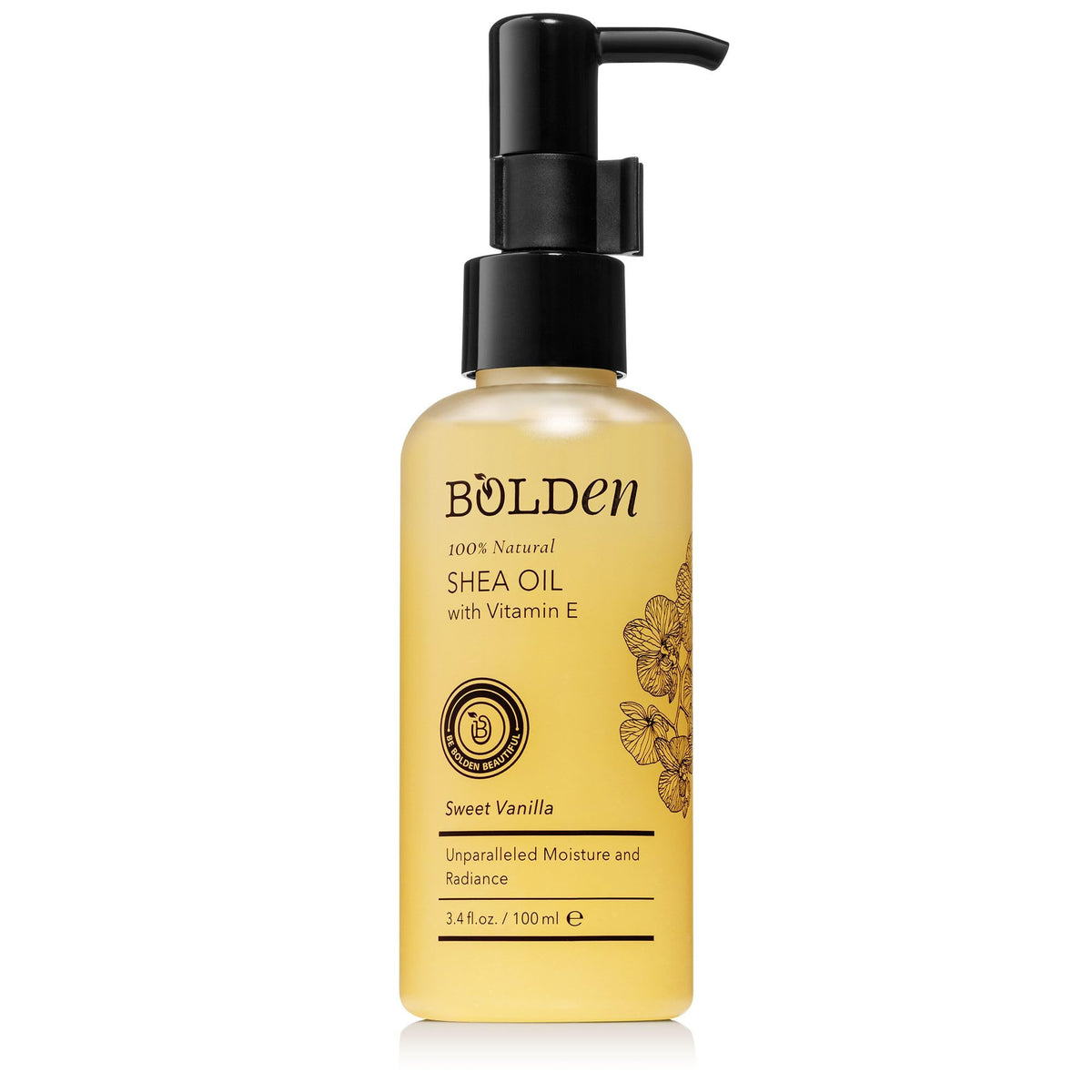 BOLDEN Sweet Vanilla Shea Oil in a pump bottle for smooth, hydrated skin.