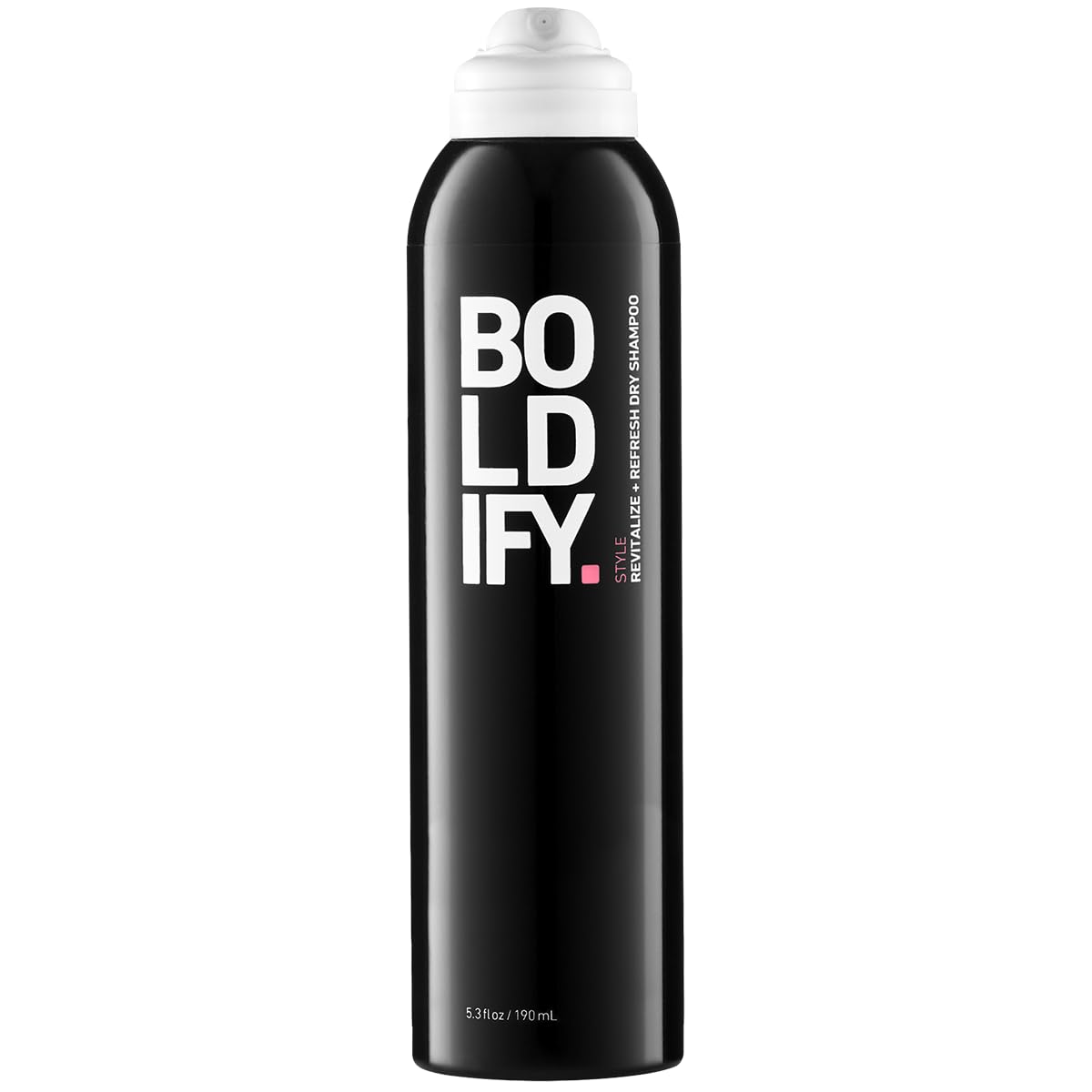 Boldify Dry Shampoo Spray bottle closeup showing an invisible finish for quick refresh