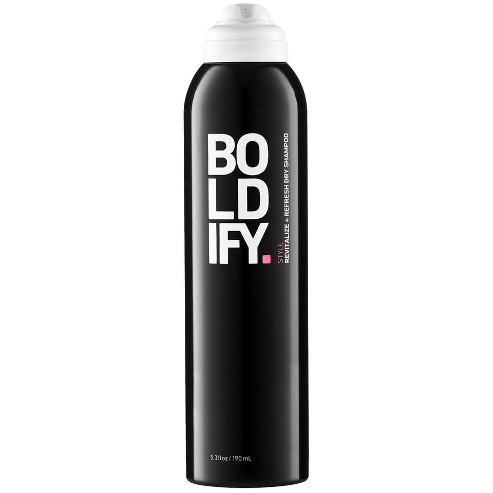 Boldify Dry Shampoo Spray bottle closeup showing an invisible finish for quick refresh