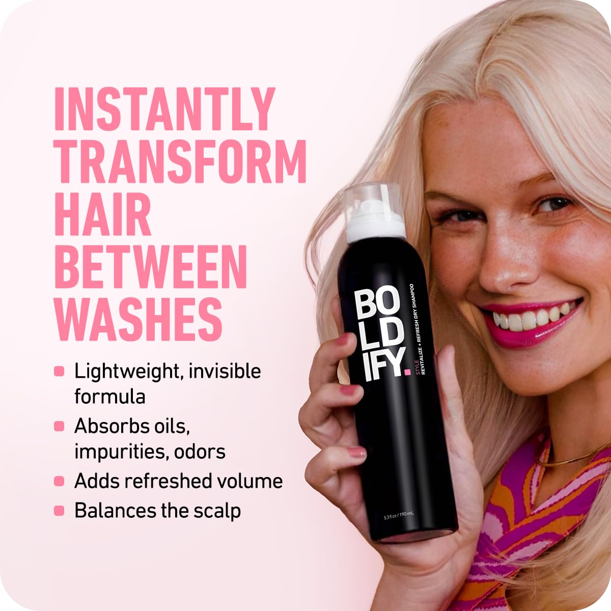 Boldify Dry Shampoo Spray mist application demonstrating lightweight refresh and lift