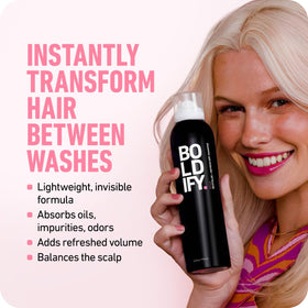 Boldify Dry Shampoo Spray mist application demonstrating lightweight refresh and lift