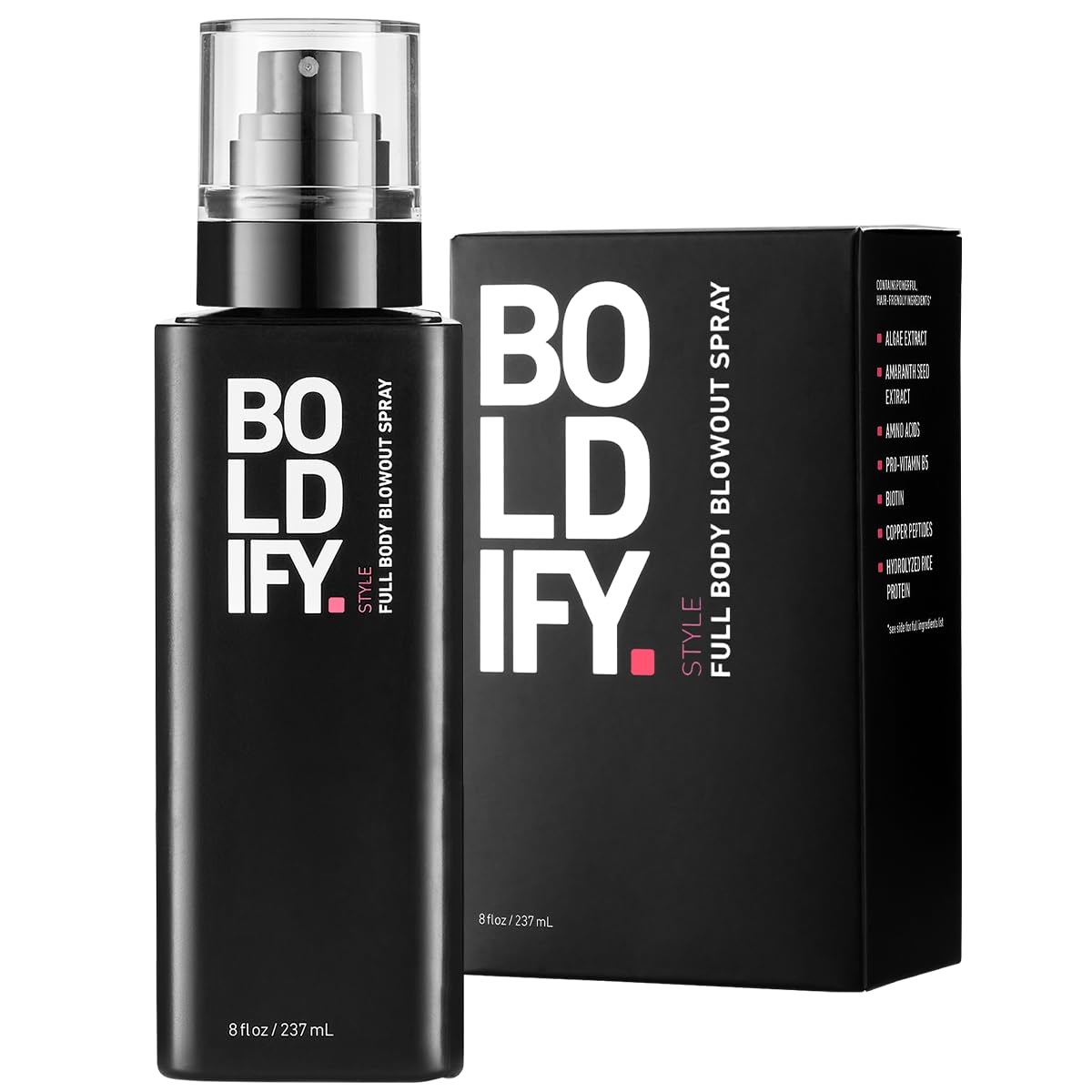 Boldify Full Body Blowout Spray bottle boosts volume for fuller, thicker-looking hair.