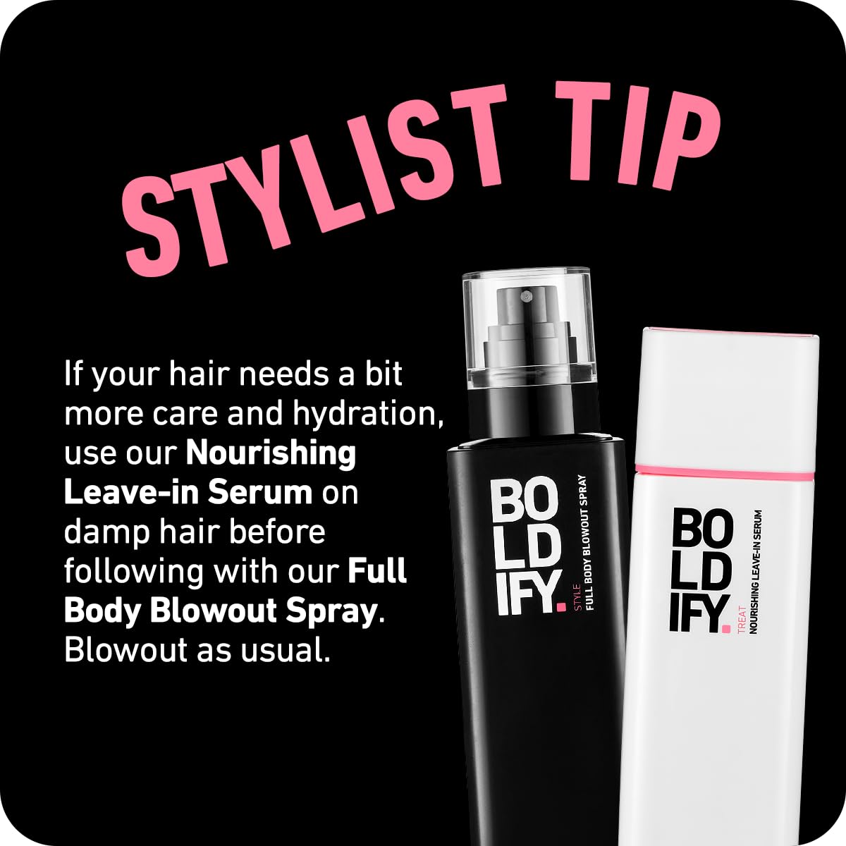 Boldify Full Body Blowout Spray helps hair hold style from morning to night.