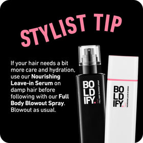 Boldify Full Body Blowout Spray helps hair hold style from morning to night.