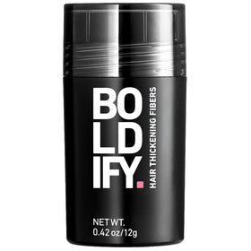 Boldify Hair Fibers 12g packaging shows vegan formula for quick coverage