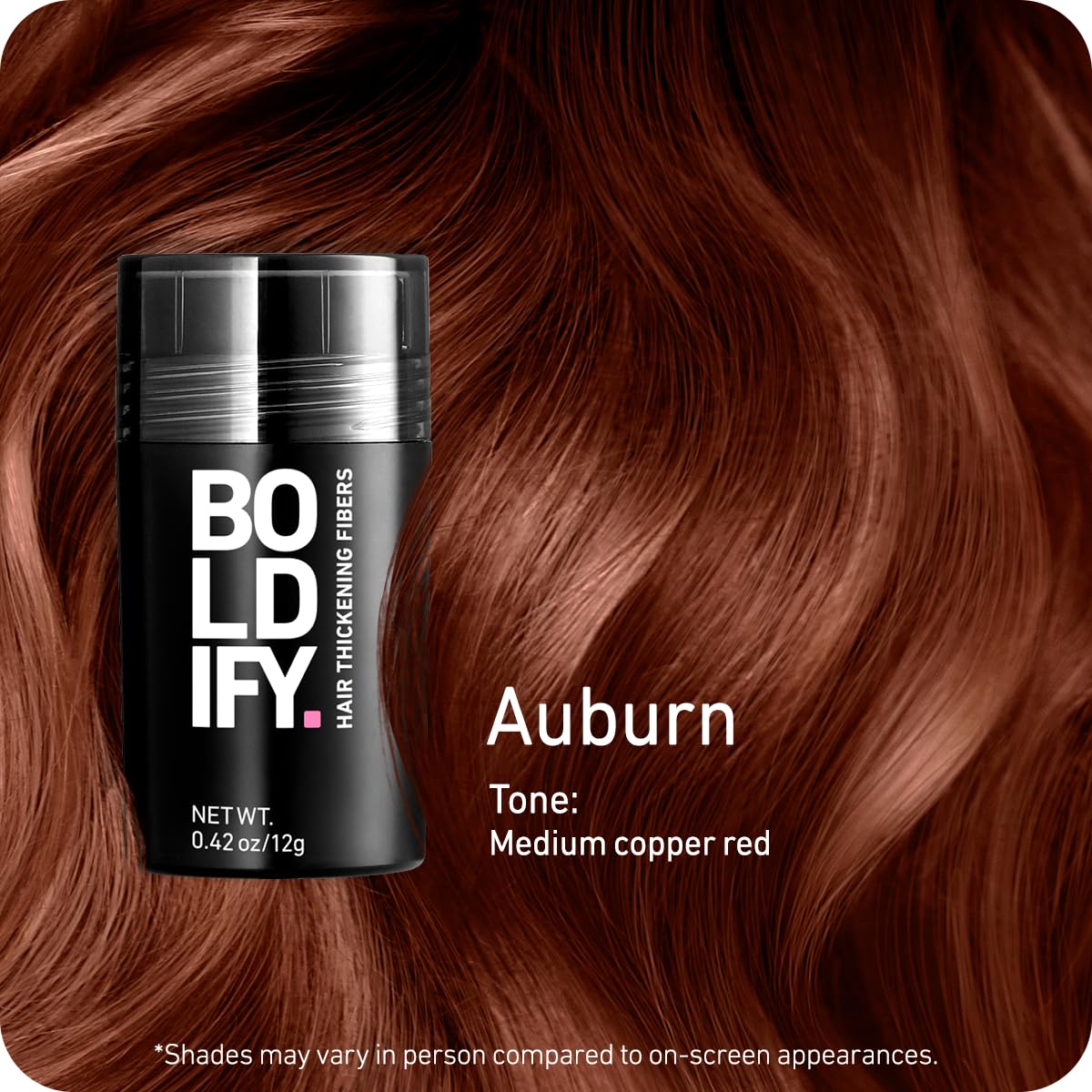 Boldify Hair Fibers application brush shows precise volume placement.