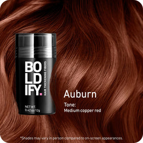 Boldify Hair Fibers application brush shows precise volume placement.