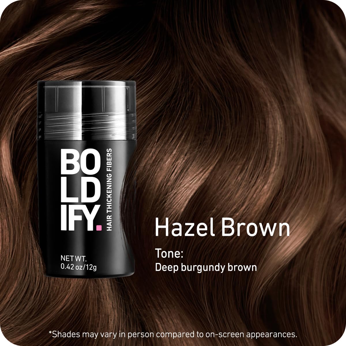 Boldify Hair Fibers application scene demonstrates easy shake-on for instant volume