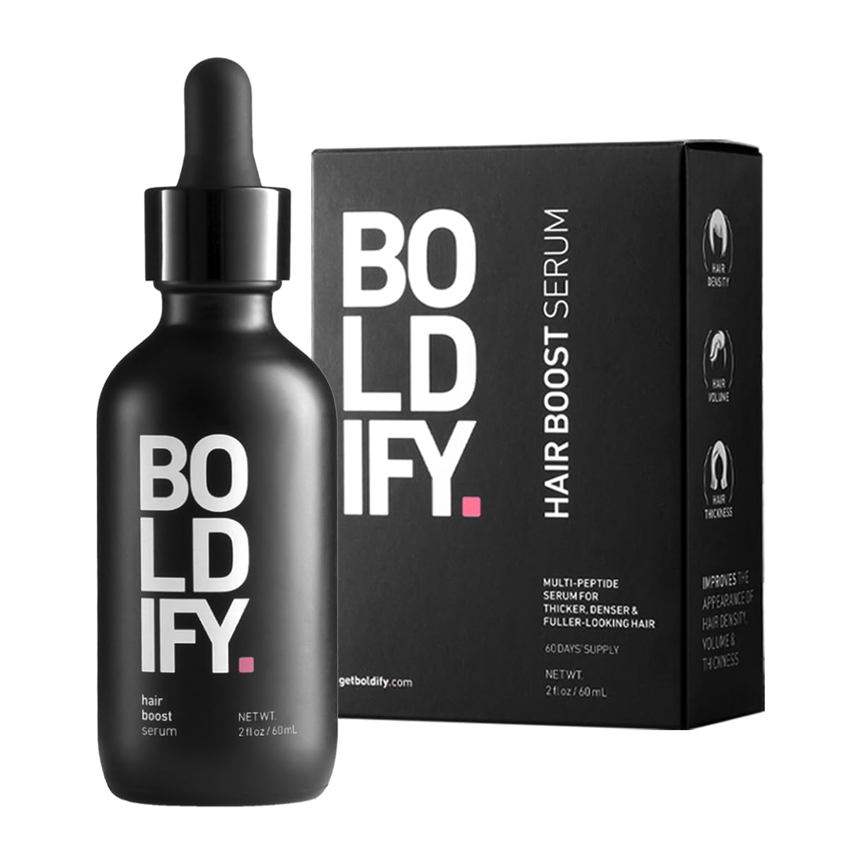 Boldify Hair Growth Serum bottle closeup for daily scalp care and fuller-looking hair