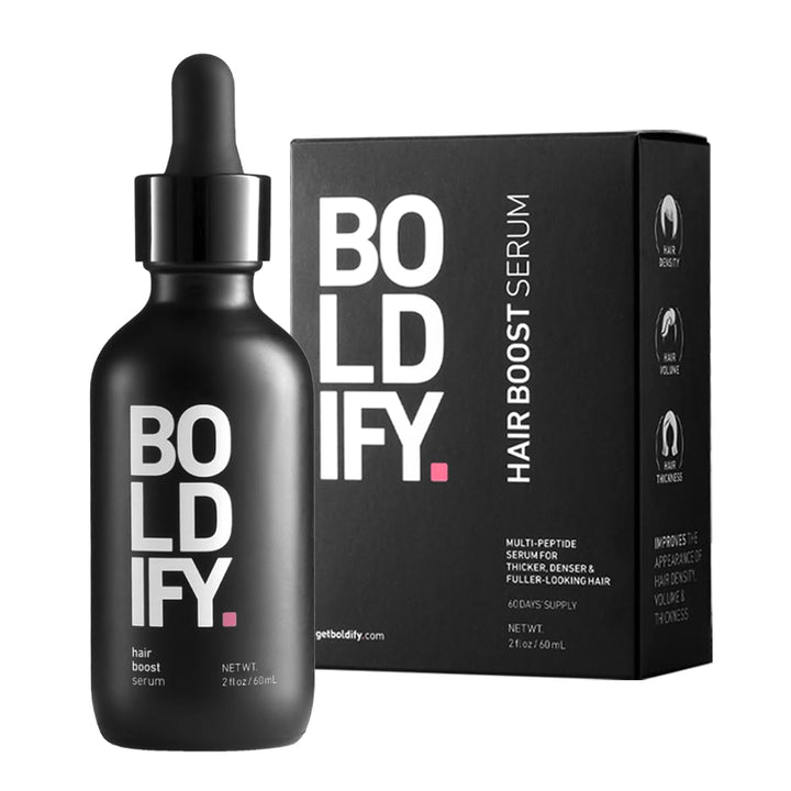 Boldify Hair Growth Serum bottle closeup for daily scalp care and fuller-looking hair