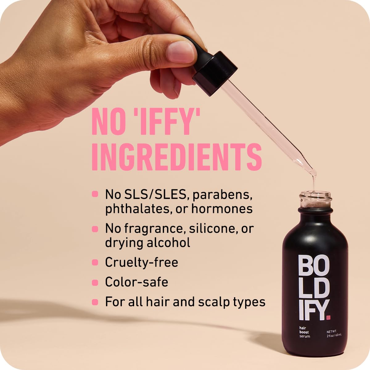Boldify Hair Growth Serum ingredient visual emphasizes natural oils and botanicals