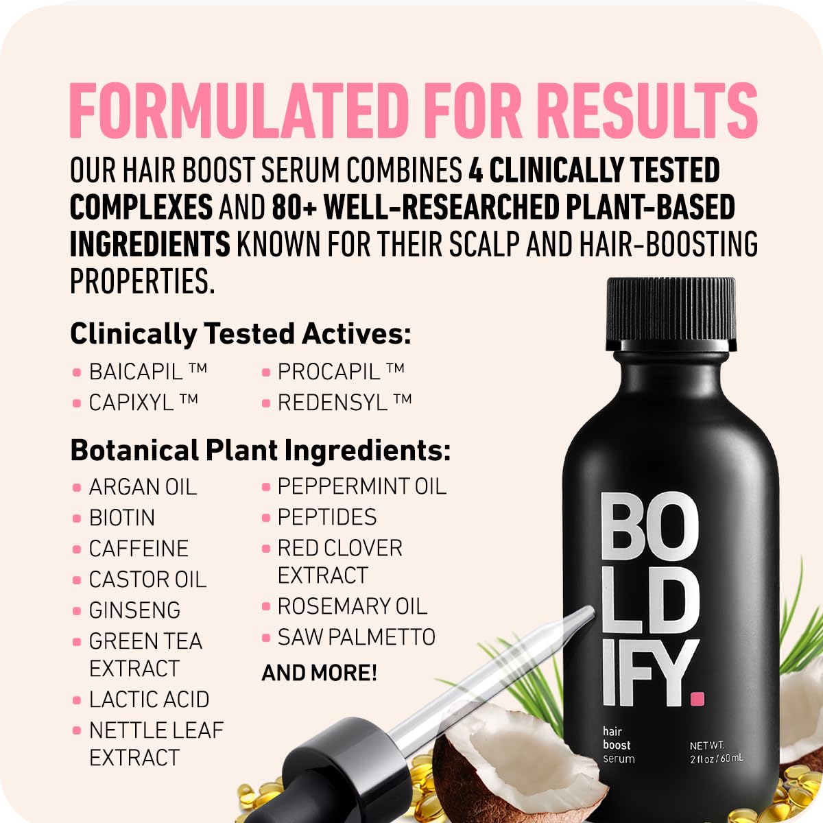 Boldify Hair Growth Serum packaging and ingredients highlight 30 boosters and peptides