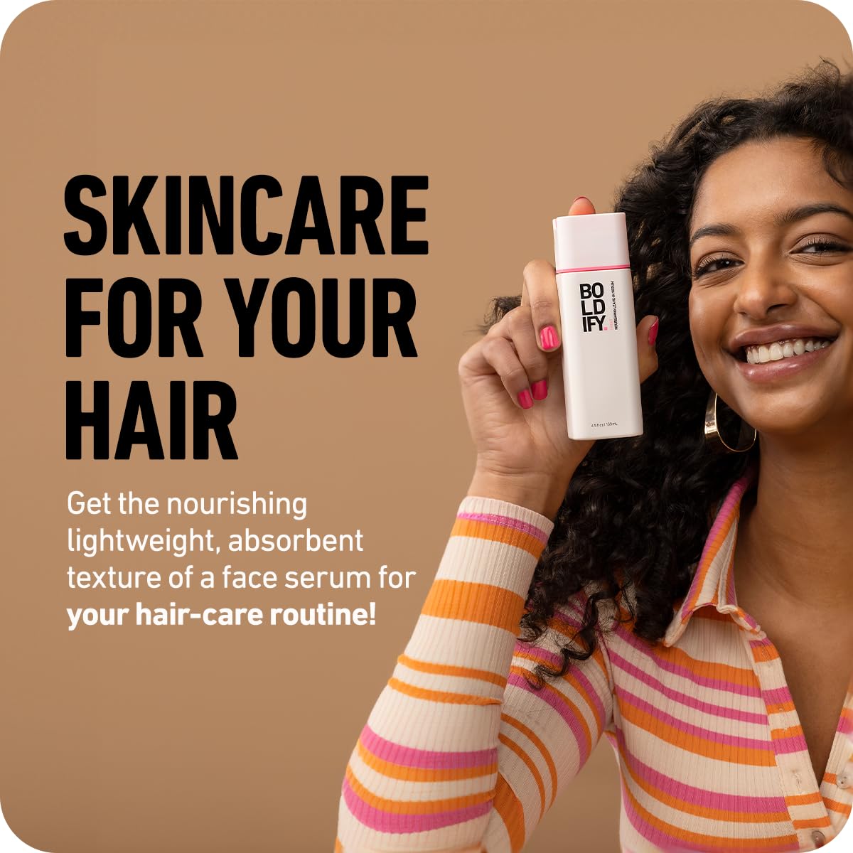 Boldify leave-in serum applied to hair for detangling and smooth styling.
