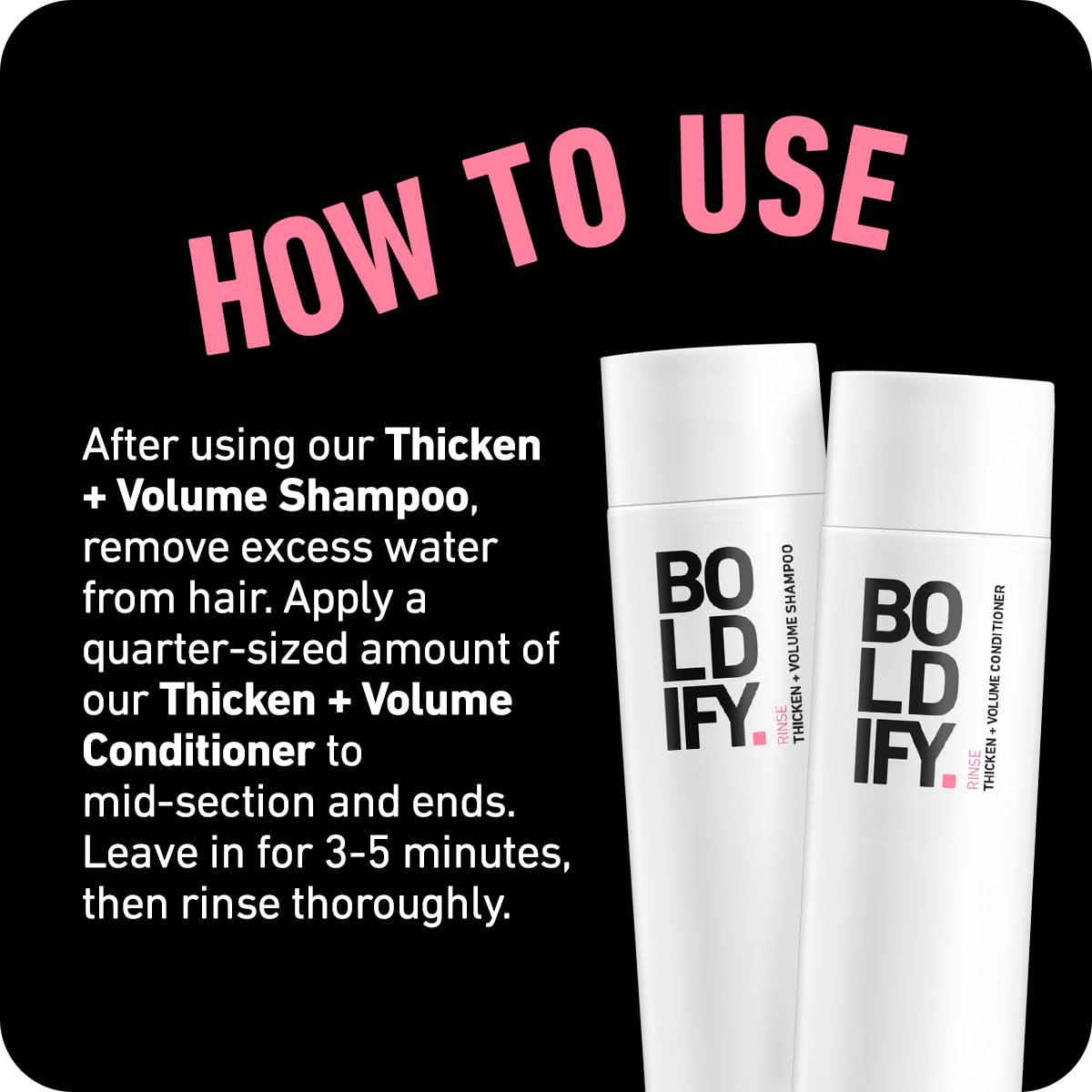Boldify Thicken Volume Conditioner weightless-moisture formula on a strand.