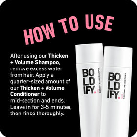Boldify Thicken Volume Conditioner weightless-moisture formula on a strand.