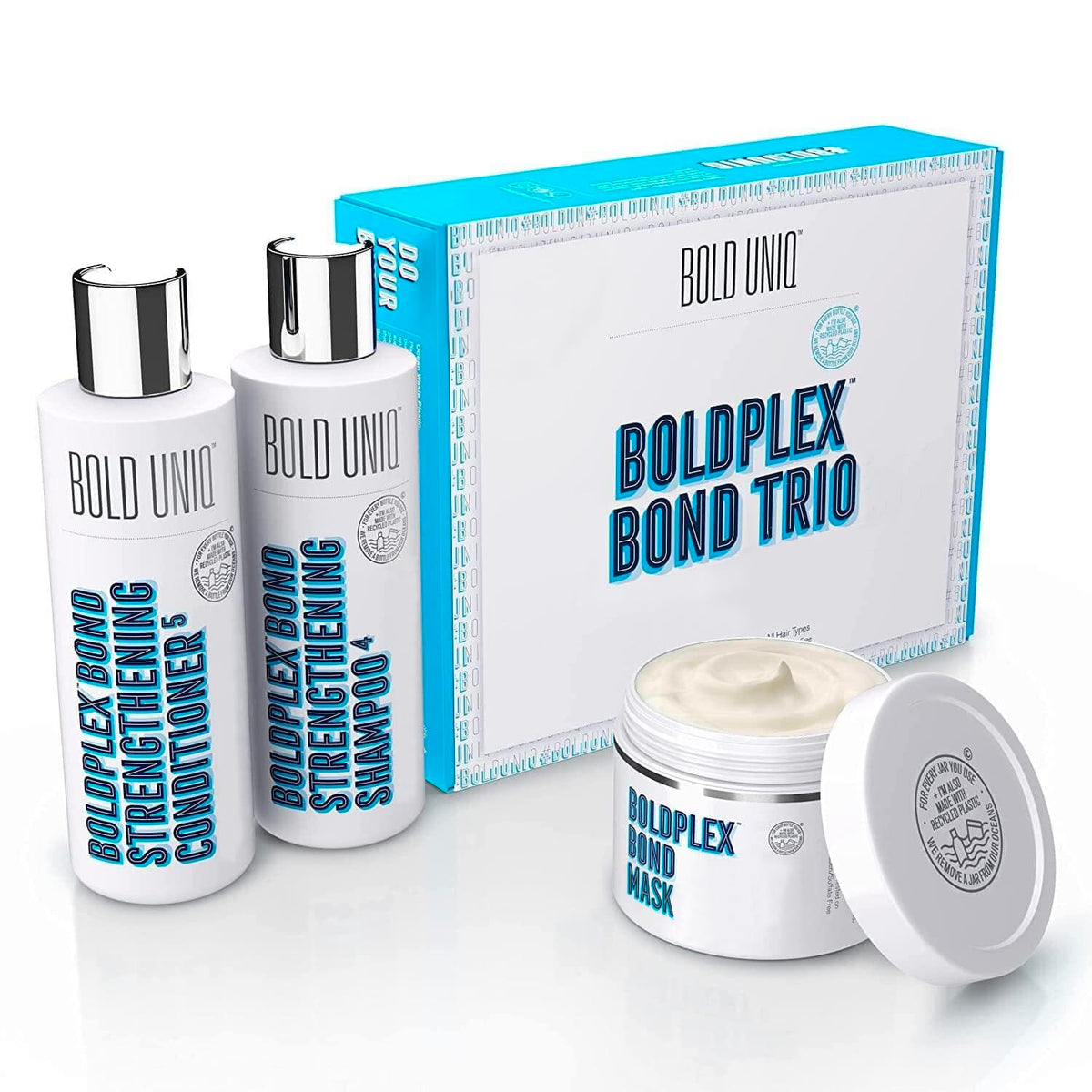 Bold UNIQ Bond Restore Treatment bottle close-up showing repair-focused formula for dry hair