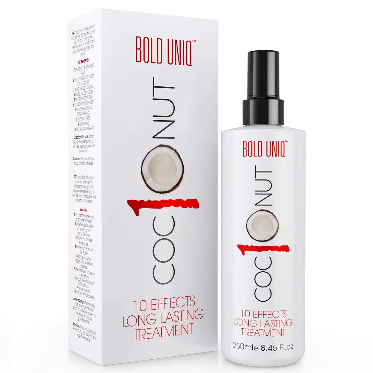 Bold Uniq Coconut Thermal Protection bottle, ready to shield hair from heat while styling.