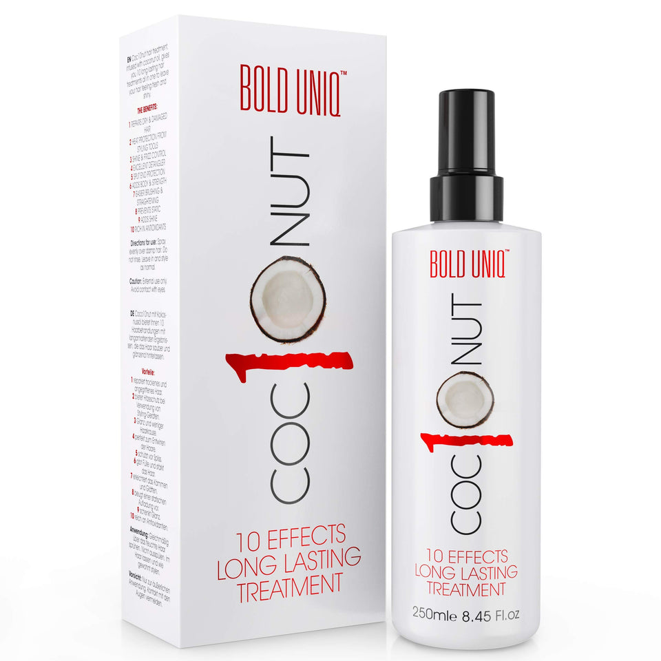 Bold Uniq Coconut Thermal Protection bottle, ready to shield hair from heat while styling.
