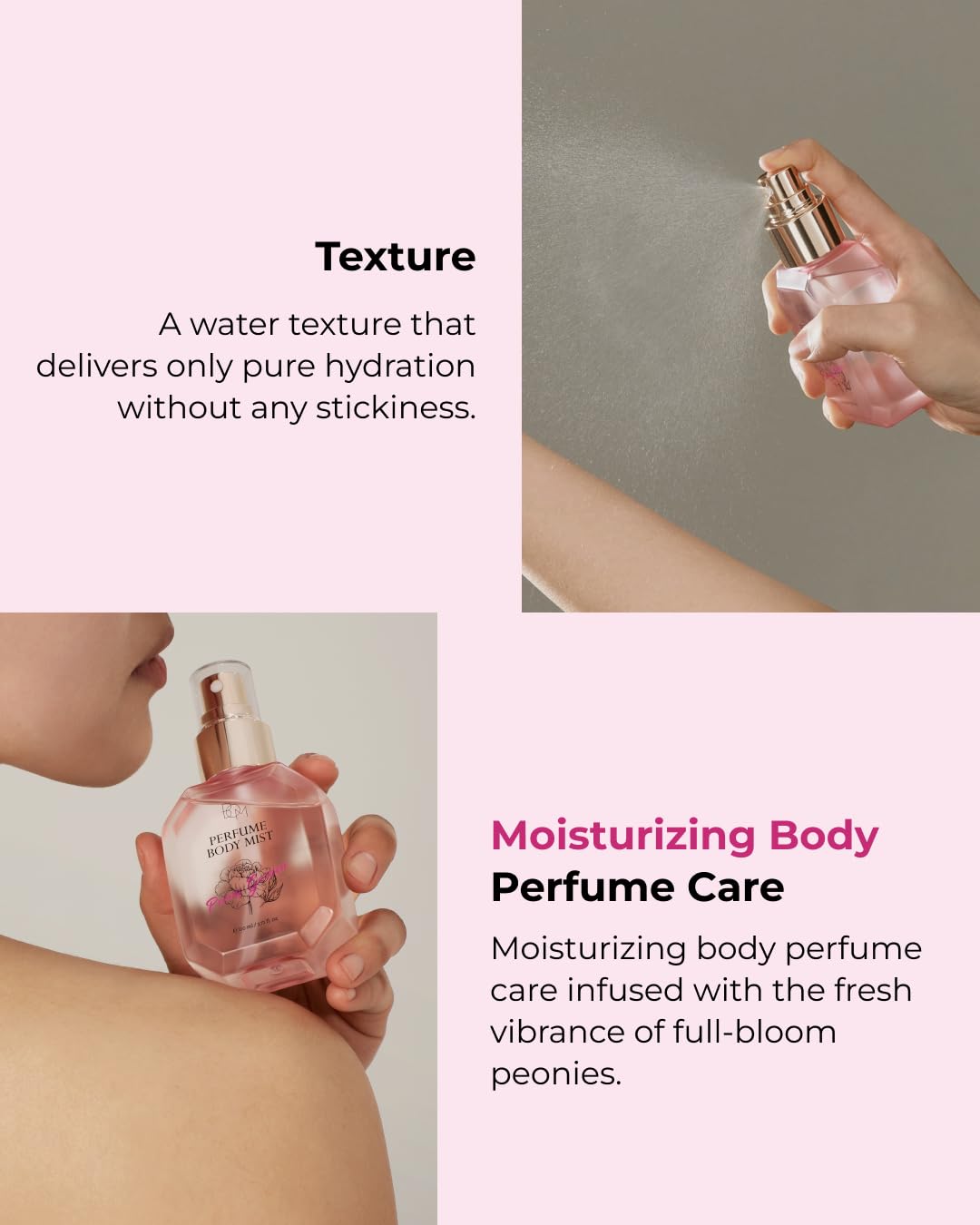BOM Peony Garden Body Mist features a fresh peony scent for gentle refresh.