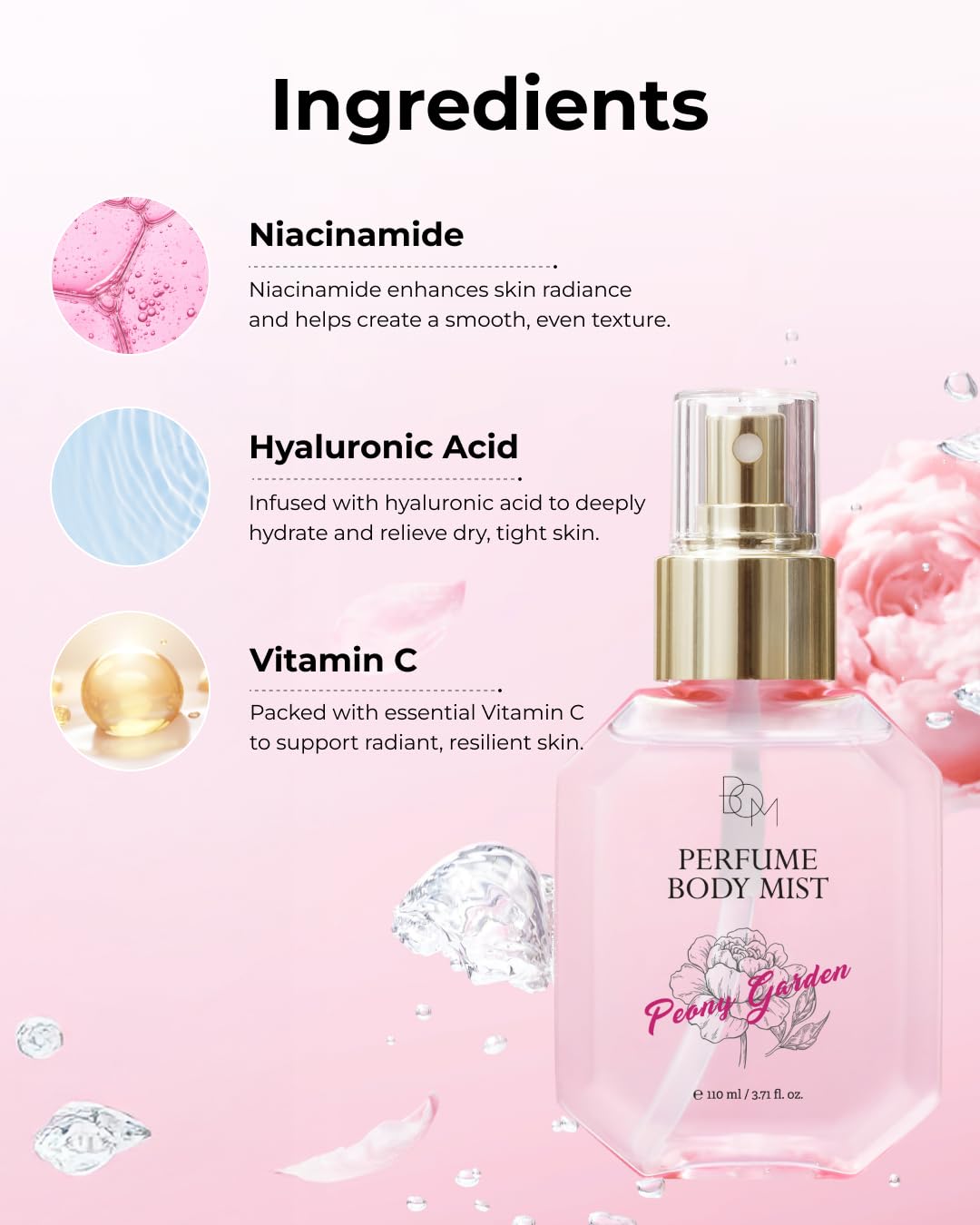 BOM Peony Garden Body Mist with lightweight texture for quick absorption.